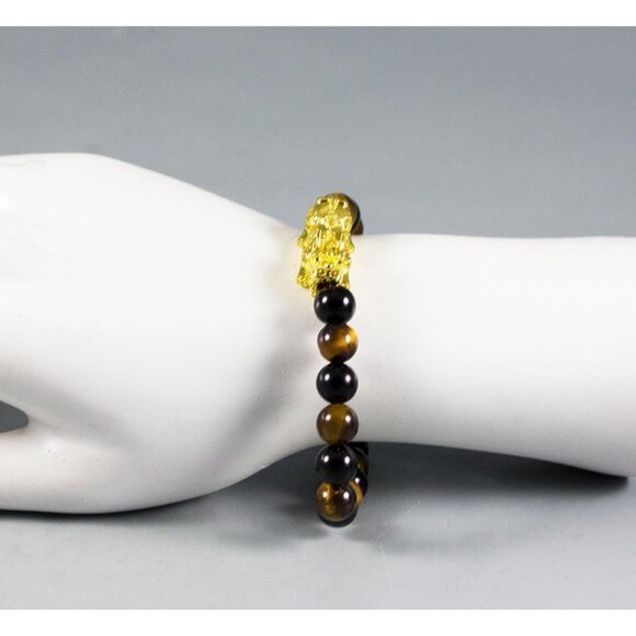 Tiger's Eye Wealth Good Luck Bracelet 8mm Round Beads Stretch Gold-Tone Dragon - Picture 3 of 6